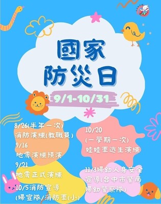 📌 主題與活動期間主標題：國家防災日活動期間：9/1 - 10/31🗓️ 各階段演練與宣導時程8/26（半年一次）消防演練（教職員）9/16地震演練預演9/21地震正式演練10/5消防宣導（婦宣隊 / 消防車-小）10/20（一學期一次）娃娃車逃生演練11/3婦幼人身安全宣導（台中市警局 婦幼警察隊）